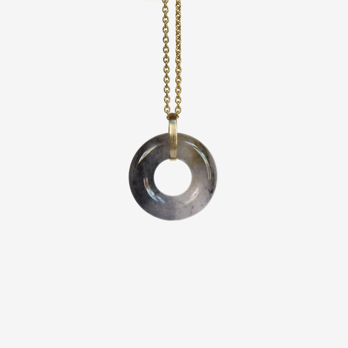 recycled black and grey jade circle pendant in 14k yellow gold