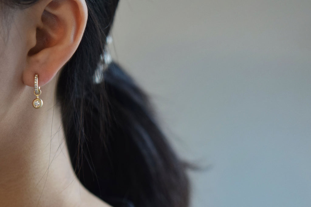 gold rose cut diamond earring drop pendant on model