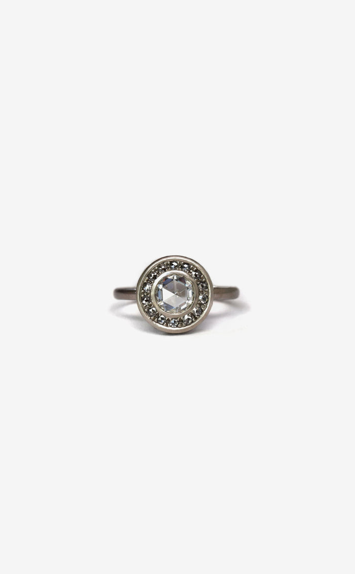double halo rose cut diamond pave ring in palladium white gold