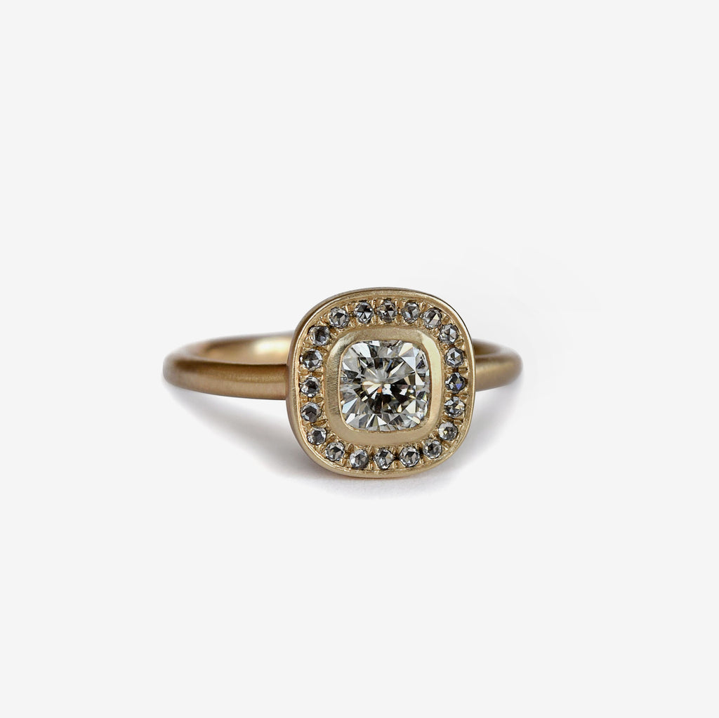 rose cut diamond halo antique cushion cut ring in 14k gold