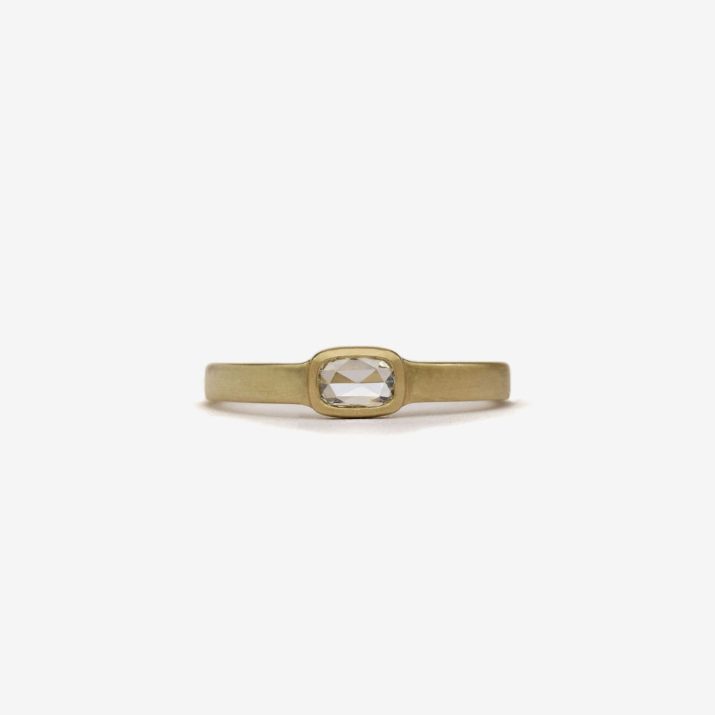 cushion rose cut diamond flat band solitaire bezel ring in 14k yellow gold