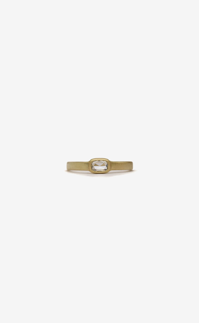 cushion rose cut diamond flat band bezel ring in 14k yellow gold