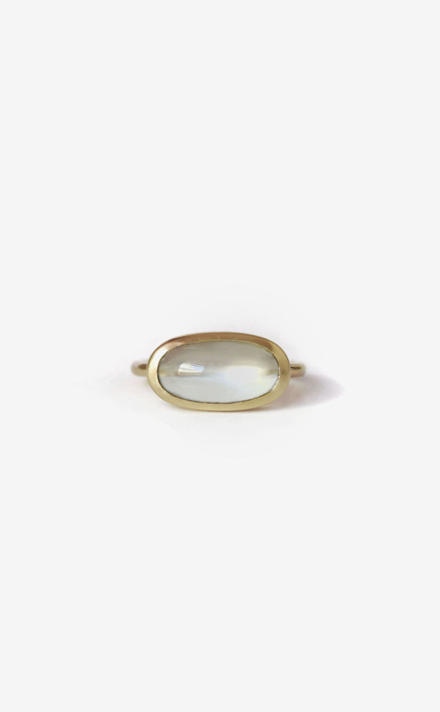 Elongated Light Green Moonstone Cabochon Horizon Ring in 14k Yellow Gold