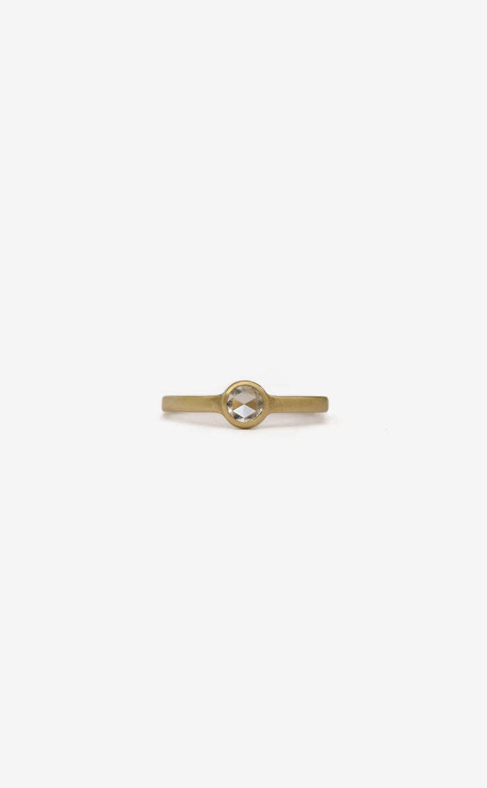 Round rose cut diamond flat band bezel ring in 14k yellow gold