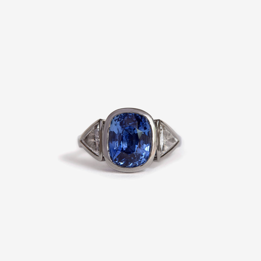 Vintage Petite Antique Inspired Three Stone Blue Sapphire & Diamonds Ring